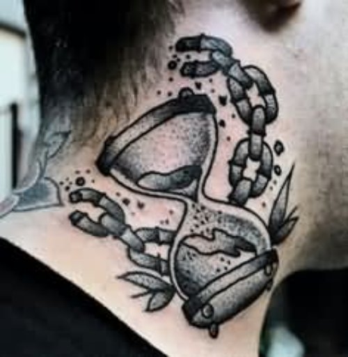 Hourglass And Neck Chain Tattoo On Side Neck